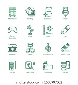 hardware icons. Editable 16 hardware icons. Included icons such as Mainframe, Hosting, Database, Hdmi, Game controller, Rack, Tools, Usb, Keyboard. hardware trendy icons for web.
