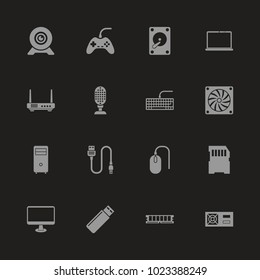 Hardware icons - Gray symbol on black background. Simple illustration. Flat Vector Icon.