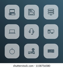 Hardware icons line style set with keyboard, headphones, start button and other datacenter elements. Isolated vector illustration hardware icons.