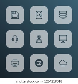 Hardware icons line style set with online cloud, monitor, diskette and other hard disk  elements. Isolated vector illustration hardware icons.