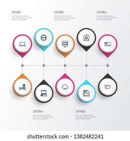 Hardware icons line style set with online cloud, router, notebook and other floppy  elements. Isolated vector illustration hardware icons.