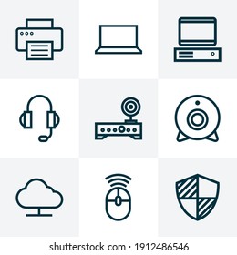 Hardware icons line style set with notebook, online cloud, computer and other earphones elements. Isolated vector illustration hardware icons.
