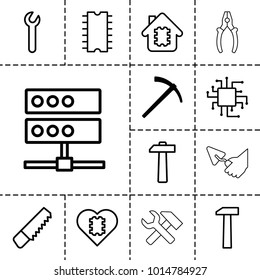 Hardware icons. set of 13 editable outline hardware icons such as hammer, saw, cpu in house, cpu, server, wrench, hummer, hummer and wrench, trowel