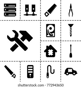 Hardware icons. set of 13 editable filled hardware icons such as cpu, saw, screw, pliers, cpu in house, cpu in car, server, wire, hard disc, screwdriver