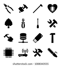 Hardware icons. set of 16 editable filled hardware icons such as hummer and wrench, pliers, hummer, garden hammer, server, usb drive, router, cpu, screwdriver, chain saw