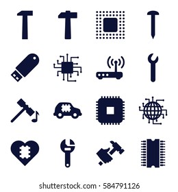 hardware icons set. Set of 16 hardware filled icons such as hammer, nail, wrench, hummer, flash drive, chip, router, CPU, CPU in car, CPU in heart