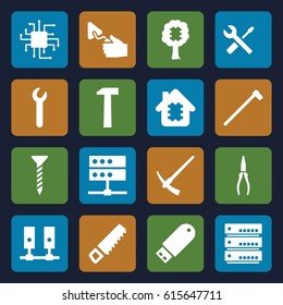 Hardware icons set. set of 16 hardware filled icons such as saw, screw, pliers, trowel, wrench and screwdriver, garden hammer, flash drive, wrench, hummer, hammer