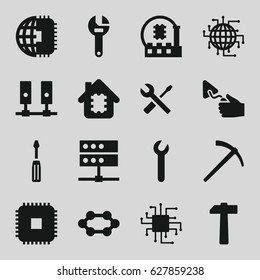Hardware icons set. set of 16 hardware filled icons such as wrench, screwdriver, trowel, wrench and screwdriver, hammer, CPU, CPU in house, CPU planet