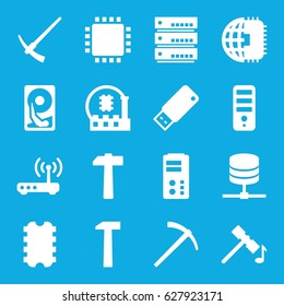 Hardware icons set. set of 16 hardware filled icons such as hammer, CPU, usb drive, router, hummer, cpu, hard disc, CPU planet