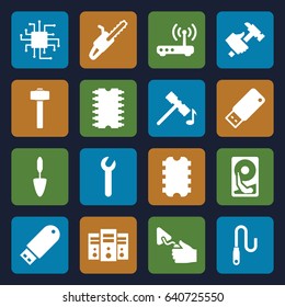Hardware icons set. set of 16 hardware filled icons such as hammer, trowel, hummer, garden hammer, chain saw, flash drive, wire, usb drive, cpu, router, wrench, hard disc, cpu