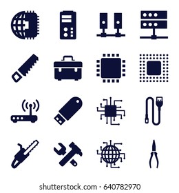 Hardware icons set. set of 16 hardware filled icons such as saw, toolbox, hummer and wrench, pliers, chain saw, flash drive, wire, chip, router, cpu, cpu, cpu planet