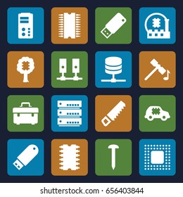 Hardware icons set. set of 16 hardware filled icons such as hammer, saw, nail, toolbox, flash drive, usb drive, cpu, chip, cpu in car