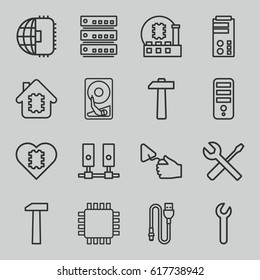 Hardware icons set. set of 16 hardware outline icons such as CPU, trowel, wrench and screwdriver, wire, hammer, wrench, hummer, hard disc, CPU in house, CPU in heart