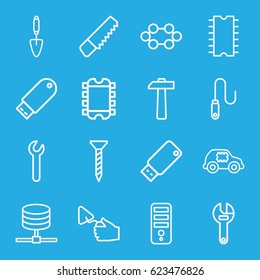 Hardware icons set. set of 16 hardware outline icons such as CPU, saw, screw, wrench, trowel, flash drive, wire, usb drive, cpu, hammer, CPU in car