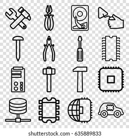 Hardware icons set. set of 16 hardware outline icons such as nail, screwdriver, hummer and wrench, pliers, trowel, garden hammer, hummer, cpu, hard disc, cpu