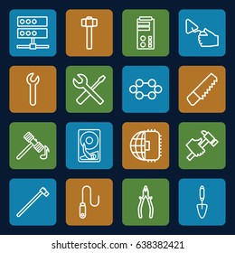Hardware icons set. set of 16 hardware outline icons such as hammer, saw, trowel, pliers, hummer, wrench and screwdriver, garden hammer, wire, wrench, hard disc, cpu planet