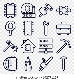 Hardware icons set. set of 16 hardware outline icons such as hammer, nail, toolbox, pliers, hummer, chain saw, cpu, wrench, cpu in house