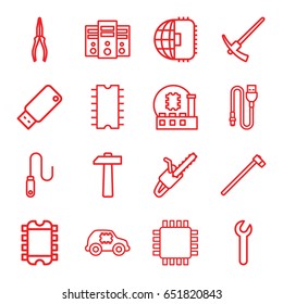 Hardware icons set. set of 16 hardware outline icons such as pliers, garden hammer, chain saw, wire, usb drive, cpu, hammer, wrench, cpu in car