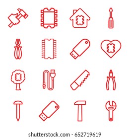 Hardware icons set. set of 16 hardware outline icons such as saw, nail, wrench, screwdriver, pliers, hummer, flash drive, wire, usb drive, cpu