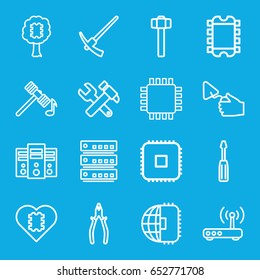 Hardware icons set. set of 16 hardware outline icons such as hammer, screwdriver, hummer and wrench, trowel, pliers, garden hammer, router, cpu, cpu