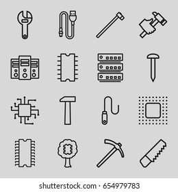 Hardware icons set. set of 16 hardware outline icons such as saw, nail, wrench, hummer, garden hammer, wire, cpu, chip, hammer, cpu in tree, cpu