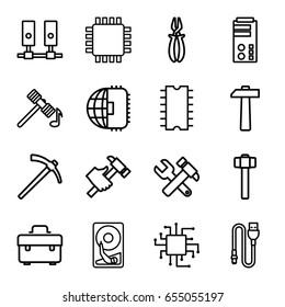 Hardware icons set. set of 16 hardware outline icons such as hammer, toolbox, hummer and wrench, pliers, hummer, garden hammer, wire, cpu, hard disc, cpu, cpu planet