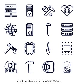 Hardware icons set. set of 16 hardware outline icons such as hammer, cpu, nail, hummer and wrench, trowel, chip, hard disc, cpu in heart, cpu planet