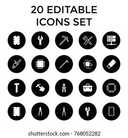 Hardware icons. set of 20 editable filled and outline hardware icons such as toolbox, wrench, pliers, cpu, server, usb drive, cpu, hummer, wrench and screwdriver