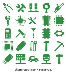 Hardware icons set. set of 25 hardware filled icons such as hammer, screw, wrench, hummer and wrench, pliers, wrench and screwdriver, chain saw, flash drive, wire, usb drive