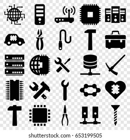 Hardware icons set. set of 25 hardware filled icons such as cpu, toolbox, screw, hummer and wrench, pliers, wrench and screwdriver, wire, router, hammer, wrench, cpu