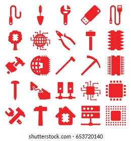 Hardware icons set. set of 25 hardware filled icons such as nail, wrench, hummer and wrench, trowel, pliers, hummer, garden hammer, wire, usb drive, cpu, chip, hammer