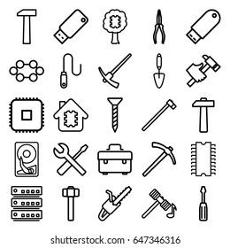 Hardware icons set. set of 25 hardware outline icons such as hammer, toolbox, screw, screwdriver, pliers, hummer, wrench and screwdriver, trowel, garden hammer, chain saw