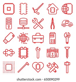 Hardware icons set. set of 25 hardware outline icons such as cpu, toolbox, screw, wrench, hummer and wrench, pliers, wrench and screwdriver, garden hammer, usb drive, cpu