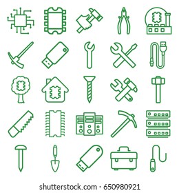 Hardware icons set. set of 25 hardware outline icons such as saw, nail, toolbox, screw, hummer and wrench, pliers, hummer, wrench and screwdriver, trowel, garden hammer