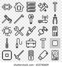 Hardware icons set. set of 25 hardware outline icons such as hammer, cpu, nail, toolbox, wrench, screwdriver, hummer and wrench, pliers, hummer, wrench and screwdriver