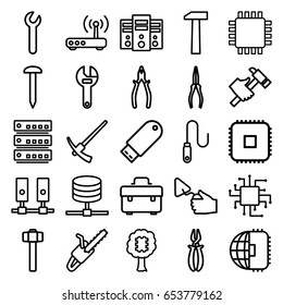 Hardware icons set. set of 25 hardware outline icons such as nail, toolbox, wrench, pliers, trowel, hummer, garden hammer, chain saw, flash drive, wire, router, cpu, hammer