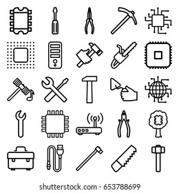 Hardware icons set. set of 25 hardware outline icons such as hammer, cpu, saw, toolbox, screwdriver, pliers, trowel, hummer, wrench and screwdriver, garden hammer, chain saw