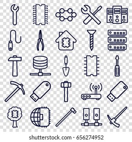 Hardware icons set. set of 25 hardware outline icons such as screw, screwdriver, pliers, wrench and screwdriver, trowel, garden hammer, flash drive, wire, usb drive, cpu