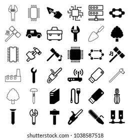 Hardware icons. set of 36 editable filled and outline hardware icons such as hammer, chain saw, cpu, server, wire, usb drive, router, wrench, toolbox, pliers, hummer, cpu