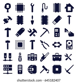 Hardware icons set. set of 36 hardware filled icons such as hammer, cpu, nail, toolbox, hummer and wrench, pliers, trowel, hummer, wrench and screwdriver, garden hammer