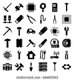 Hardware icons set. set of 36 hardware filled icons such as hammer, saw, nail, screw, wrench, hummer and wrench, pliers, hummer, trowel, garden hammer, flash drive, wire