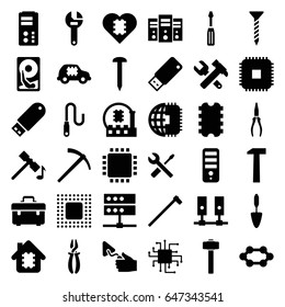 Hardware icons set. set of 36 hardware filled icons such as hammer, cpu, nail, toolbox, screw, wrench, screwdriver, hummer and wrench, pliers, trowel, wrench and screwdriver