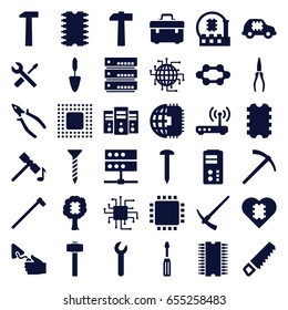 Hardware icons set. set of 36 hardware filled icons such as hammer, saw, nail, toolbox, screw, screwdriver, pliers, trowel, wrench and screwdriver, garden hammer, cpu, chip