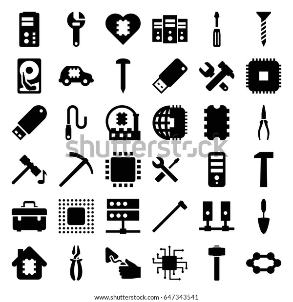 Hardware icons\
set. set of 36 hardware filled icons such as hammer, cpu, nail,\
toolbox, screw, wrench, screwdriver, hummer and wrench, pliers,\
trowel, wrench and\
screwdriver