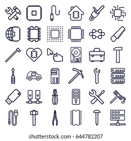 Hardware icons set. set of 36 hardware outline icons such as hammer, cpu, saw, nail, toolbox, screwdriver, hummer and wrench, pliers, trowel, wrench and screwdriver
