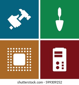 hardware icons set. Set of 4 hardware filled icons such as hummer, trowel, chip