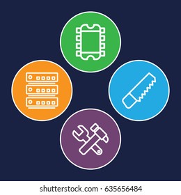 Hardware icons set. set of 4 hardware outline icons such as saw, hummer and wrench, cpu
