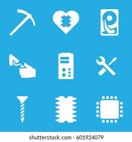 hardware icons set. Set of 9 hardware filled icons such as screw, trowel, wrench and screwdriver, cpu, hammer, hard disc, CPU in heart