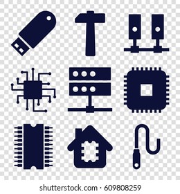 Hardware icons set. set of 9 hardware filled icons such as flash drive, wire, hammer, cpu, CPU, CPU in house