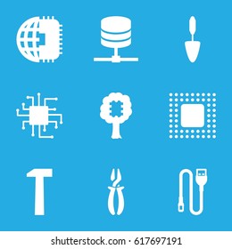 Hardware icons set. set of 9 hardware filled icons such as pliers, trowel, wire, chip, hummer, CPU in tree, CPU, CPU planet
